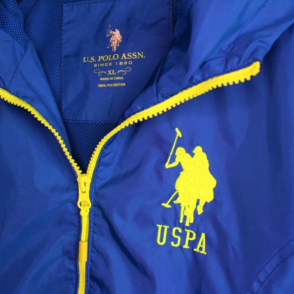 U.S. Polo Assn. Hooded Blue & Yellow Rain Jacket - Picture 3 of 8
